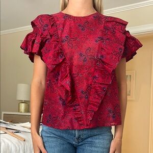 Red Flutter Sleeve Ruffled Blouse